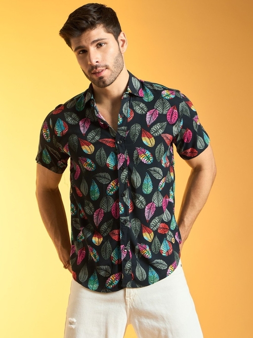 Multicolor Leaf Printed Half Sleeve Shirt (Size-XL) (Color-BLACK)