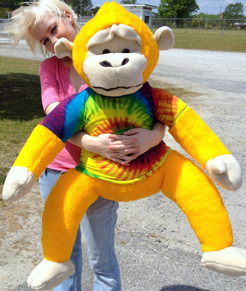 40-inches tall Yellow Groovy Hippie Monkey wearing Rainbow Tie Dye