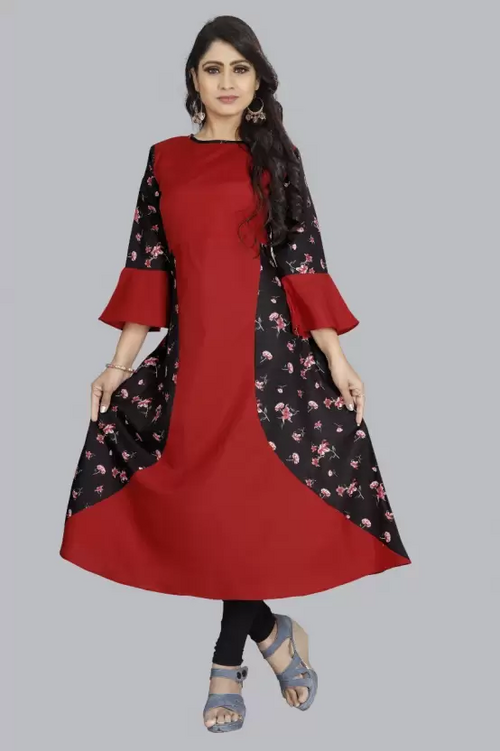 Women's Crepe Stitched Anarkali Gown (Maroon, Black) (Size M)