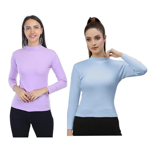 MULTICOLOR High Turtle Neck Fullsleeve Ribbed Tops for Women SIZE L