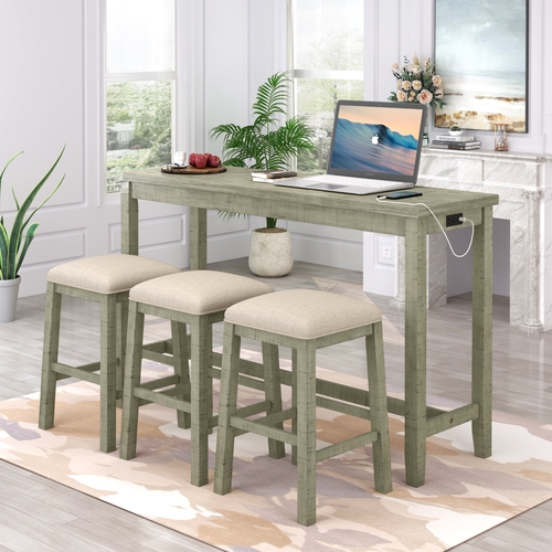 4 Pieces Counter Height Table with Fabric Padded Stools,Rustic Bar