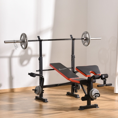 Soozier Adjustable Weight Bench with Leg Developer Barbell Rack for