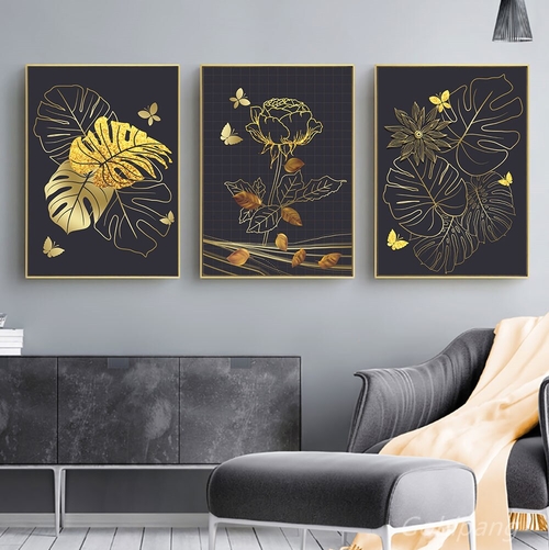 Nordic Gold Lotus Canvas Painting Leaves Butterfly