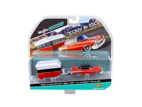 1957 Chevrolet Bel Air with Alameda Trailer Red Tow & Go 1/64 Diecast