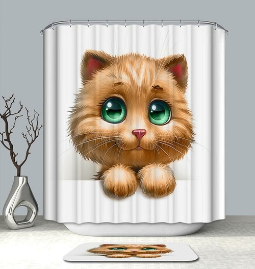 Big Green Eyes Cat Figure Shower Curtain