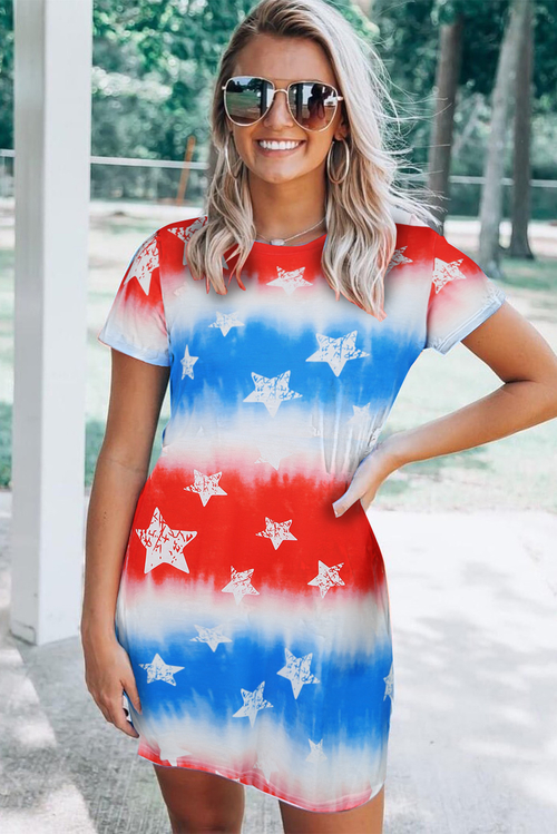 Tie Dye Patriotic Red White Blue Stars Flag Mini Dress