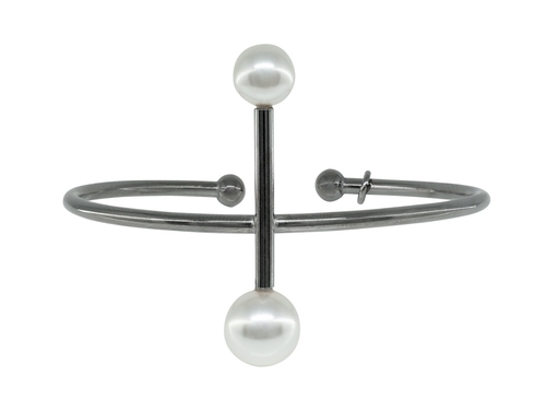 Fronay 326148B Swarovski Pearl Cross Bar Bangle Bracelet in Black Plat