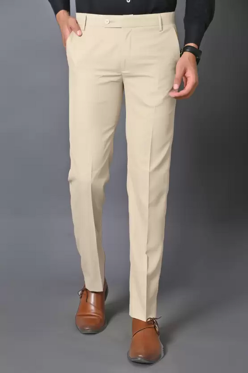 Men Regular Fit Beige Cotton Blend Trousers (Size L)