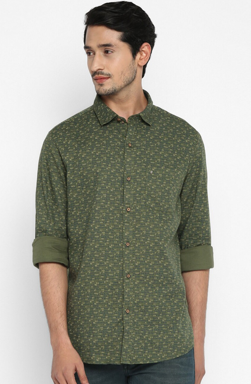 Men Olive Green Cotton Slim Fit Printed Casual Shirt (Color Olive