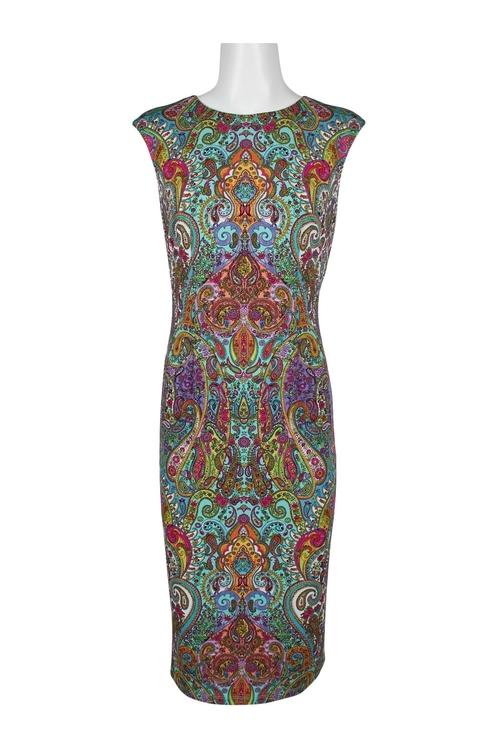 London Times Crew Neck Sleevleess Multi Print Jersey Dress