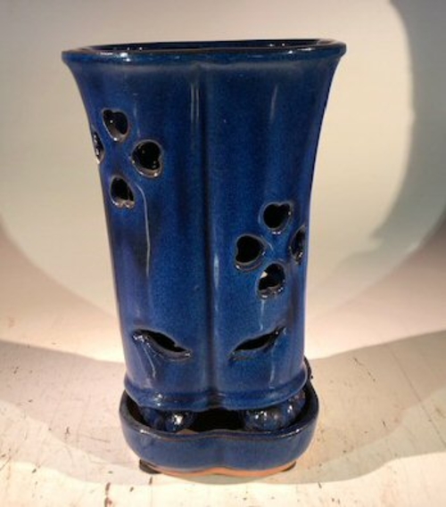 Blue Ceramic Orchid Pot - Lotus ShapedWith Attached Humidity Drip