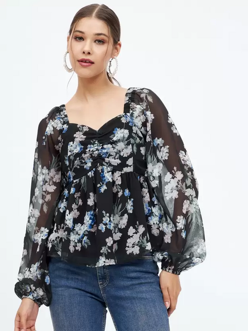 Casual Regular Sleeves Floral Print Women Black Top (Size XL)