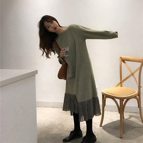 Vintage Pleated Women Solid Dress Spring Autumn
