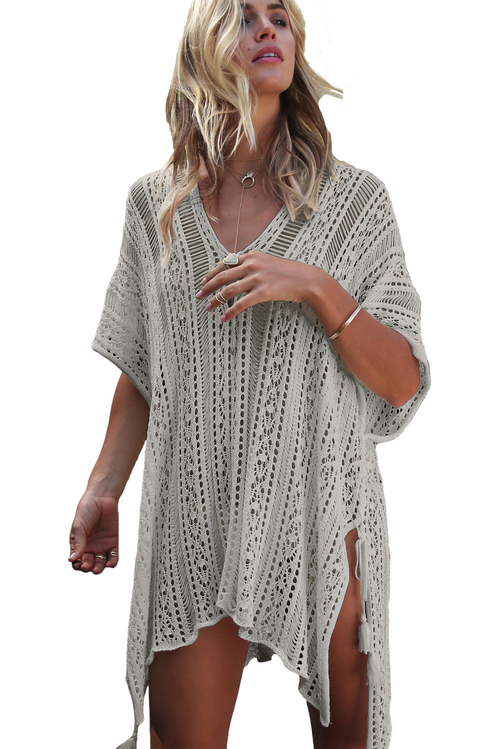 Gray Crochet Knitted Tassel Tie Kimono Beachwear