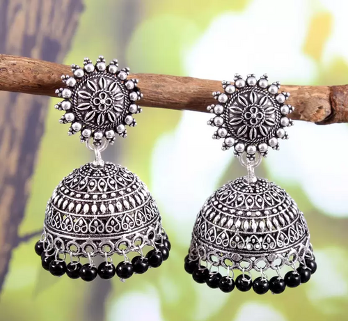 German Silver Oxidized Jhumki Afghani Jhumka Beaded Drop Earrings