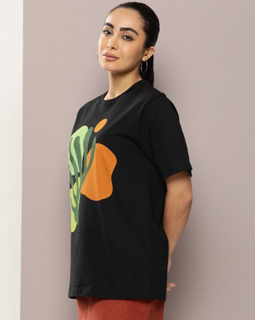 Women Graphic Print Oversized Fit Round-Neck T-Shirt (SIZE-M)
