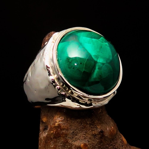 Round shaped Sterling Silver Men's Ring with Green Malachite - Size