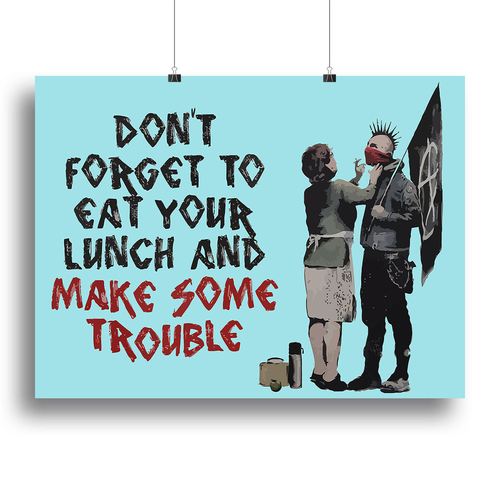 Banksy Make Some Trouble Light Blue Canvas Print or Poster
