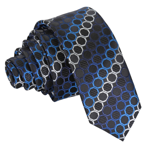 Honeycomb Polka Dot Skinny Tie - Black, Blue & Silver