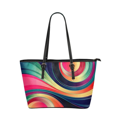 Large Leather Tote Shoulder Bag - Colorful Circular Swirl Illustration