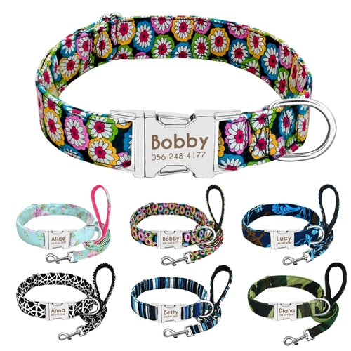 Personalized Dog Collar Leash Nylon Print Small