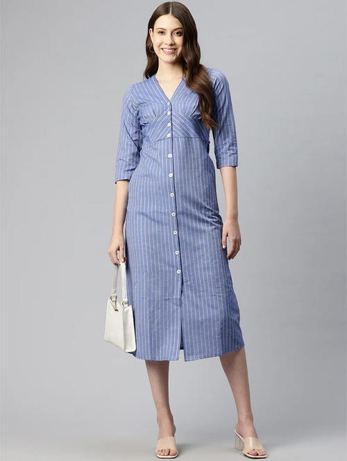 Women Blue Cotton A-Line Dress (Size-M) (Color-BLUE)