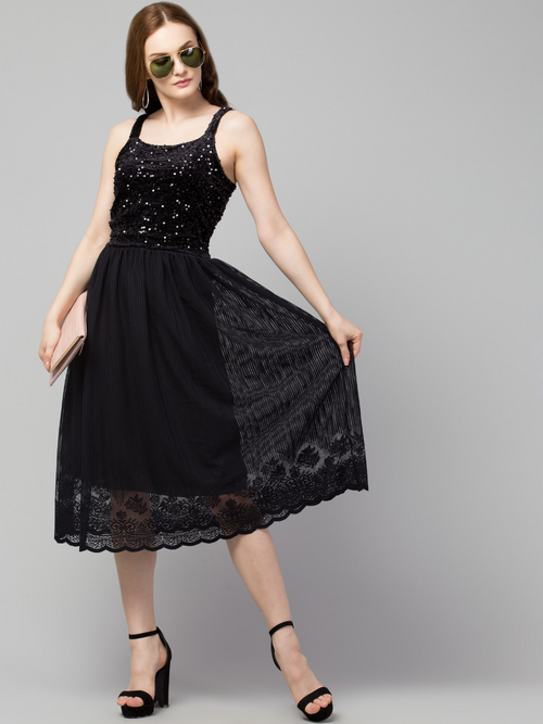 Trendy Sequinned Mesh Dress-BLACK