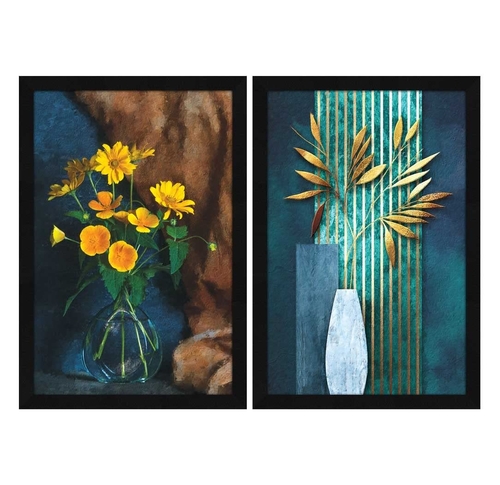 Paper Flower Vase Framed Wall Art Painting Set Of 2