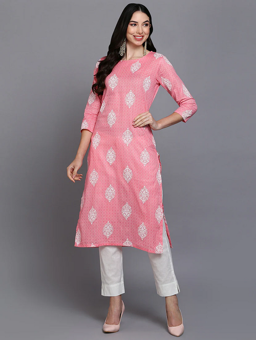 Women's straight kurta White Pattern Printed  (Size-M) (Color-PINK)