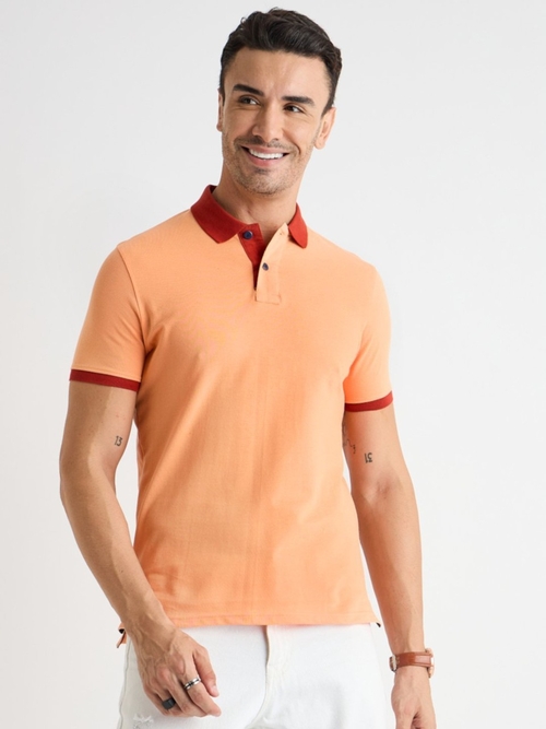 Men's Pure Cotton Contrast Collar Polo T-Shirt (Color Peach Orange)