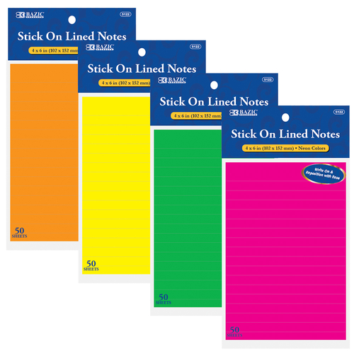 Bazic 2286573 4 x 6 in. Neon Lined Stick On Notes, Assortedcolor -