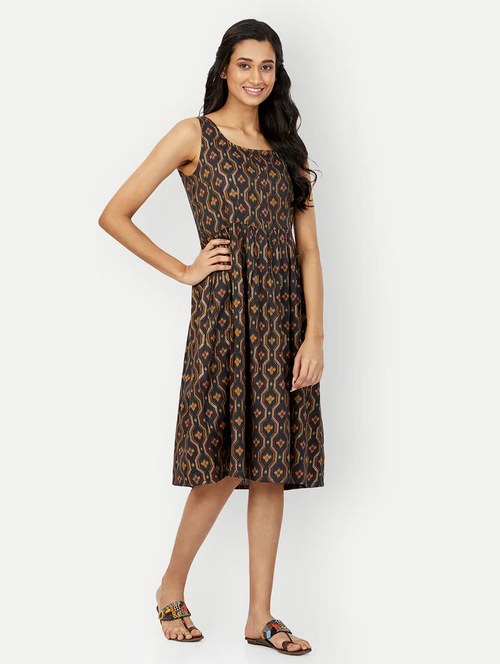 Dark Brown Printed A-Line Midi Dress (Size-L) (Color-DARK BROWN)