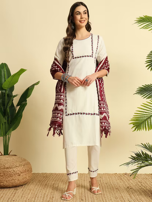 Women Round Neck Kurta Pant Set With Dupatta (Size-M) (Color-White)