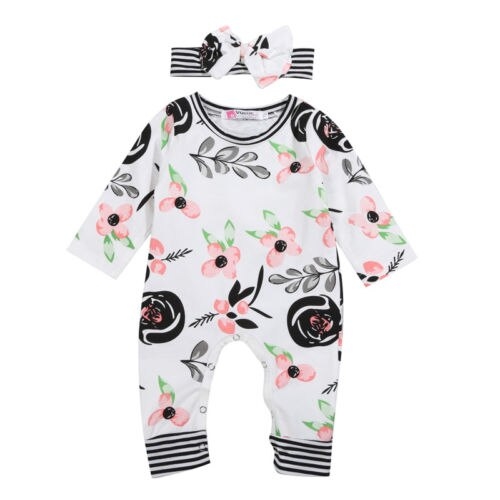 2Pcs Newborn Baby Girls Flower Romper Jumpsuit