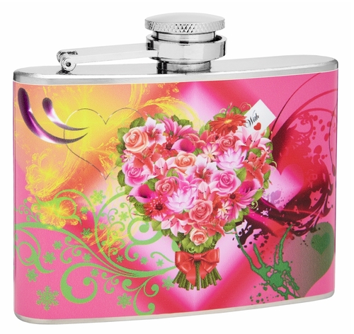 4oz Hip Flask With Printed Bouquet of Flowers, Gift Box, Funnel and