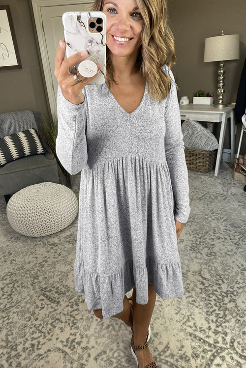 Gray Brushed Fleece Long Sleeve Ruffle Mini Dress