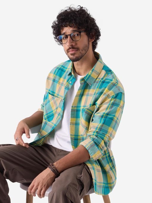 Checks Scuba Dive Men Relaxed Shirt (Size-M)(Color-YELLOW&SEA GREEN)