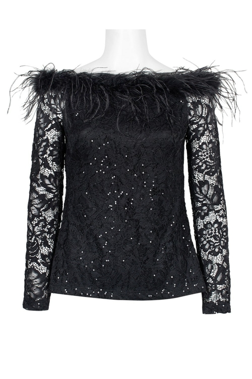 Emma Street Feathered Boat Neck Long Sleeve Seqined Zipper Back Floral