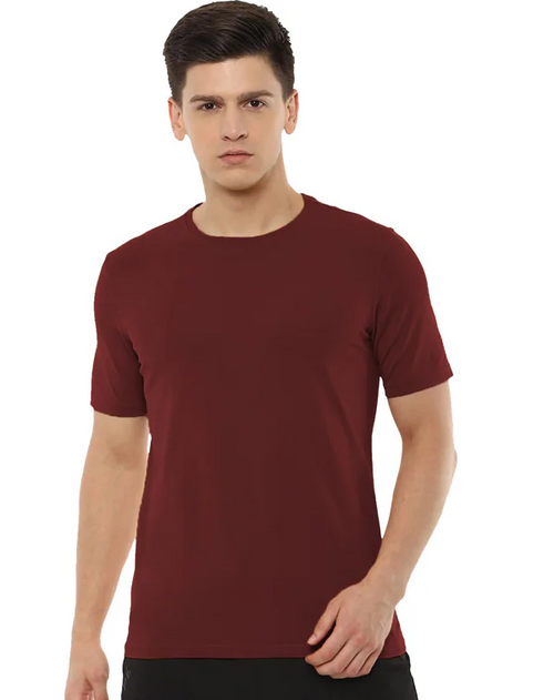 Men Solid Half Sleeves Round Neck Cotton Maroon T-Shirt (Size L)