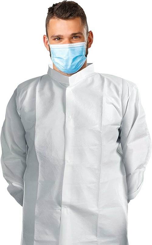 Disposable Lab Coats 40" Long. Pack of 60 White Large PPE Gowns with