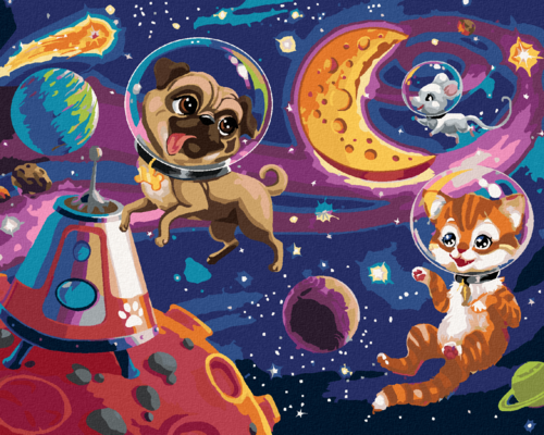 Zuty - Paint by Numbers - CARTOON DOG, CAT AND MOUSE IN SPACE (IMAGE