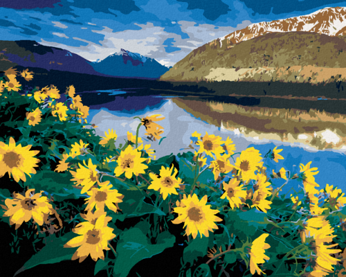 Zuty - Paint by Numbers - YELLOW FLOWERS BY A MOUNTAIN LAKE (DENNIS