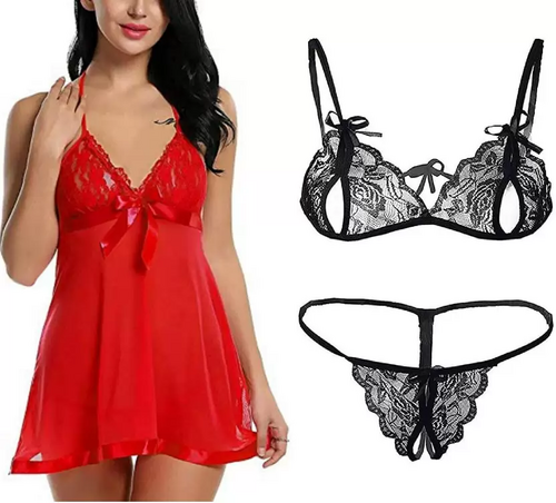 Women's Bra & Panty Set Self Design Red, Black Lingerie Set (Size 30)