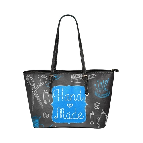 Large Leather Tote Shoulder Bag - Black and Blue Seamstress Print