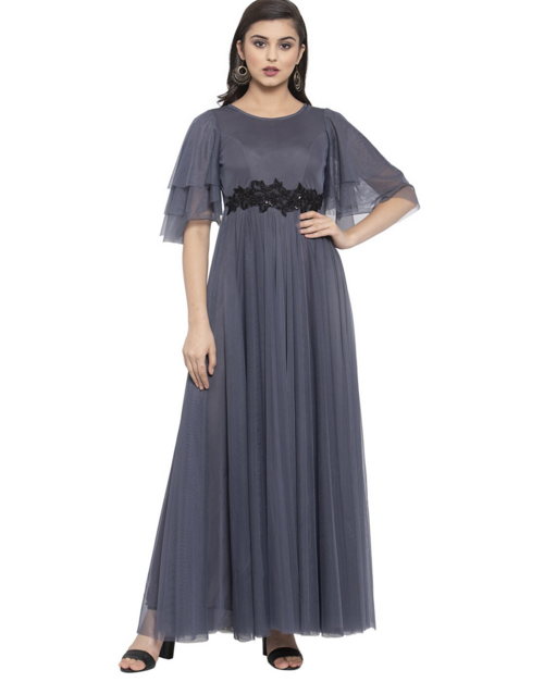 Net Maxi Dress with Flared Sleeves (Size-XXL) (Color-GREY)