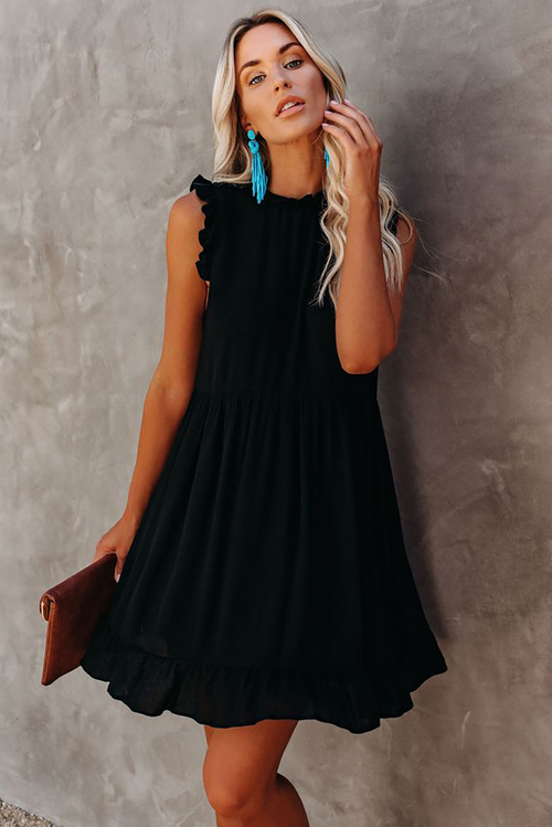 Black Pocketed Ruffle Babydoll Dress