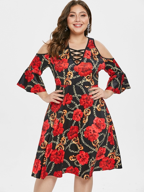  Women Plus Size Flare Sleeve Cold Shoulder