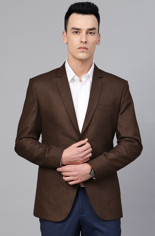 Men's Solid Slim Fit Single-Breasted Formal Blazer (Color Brown) (Size