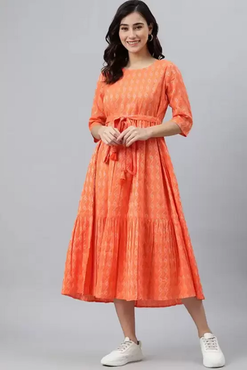 Women Printed Cotton Blend Ethnic Dress  (Orange) size M