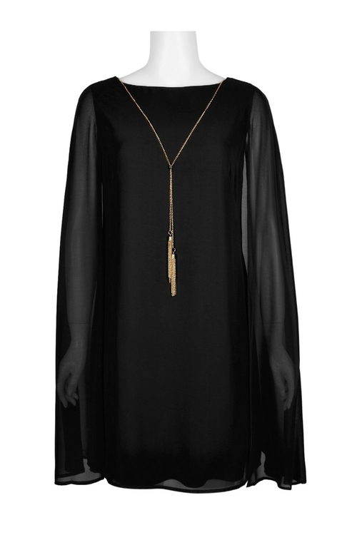 Emma & Michele Boat Neck Zipper Back Cape Sleeve Solid Chain Detail
